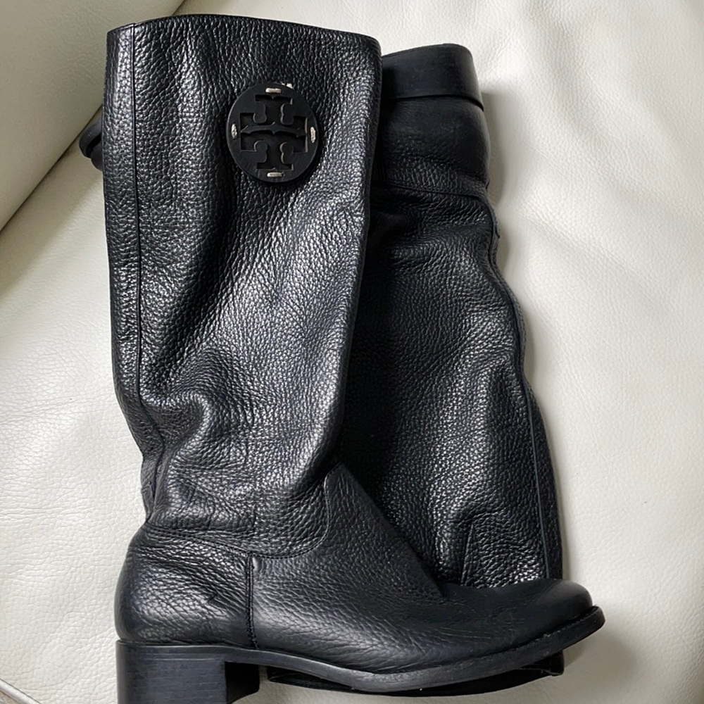 Tory Burch  Keaton Black Pebbled Leather Pull-On Riding Boots 7
